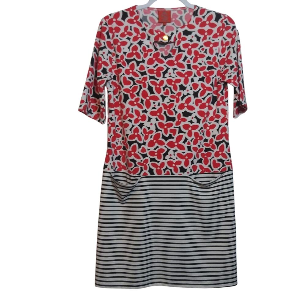 Tracy Negoshian Mixed  Floral Print Nautical Stripe Dress  Size M